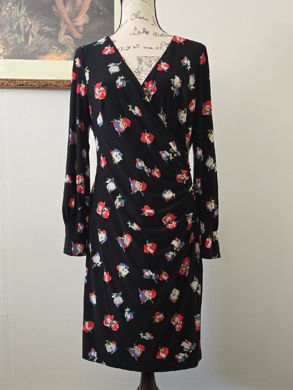 Lauren,Ralph Lauren Black Long-Sleeve Floral Wrap Style Dress, Black Label